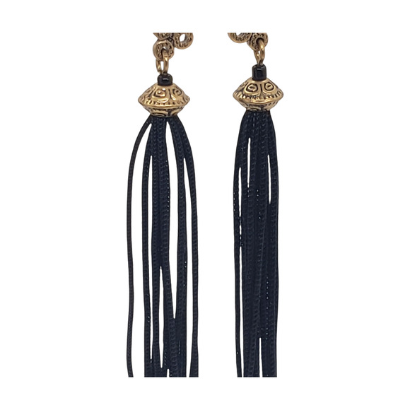 Asian Inspired Dangle Earrings Gold Tone Black Tassel Long Drop Pierced Fringe - Picture 5 of 12